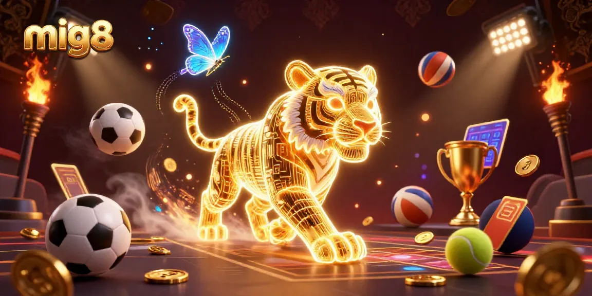 Engage in thrilling games at mig8, where a golden tiger leads a vibrant digital casino adventure with sports elements.