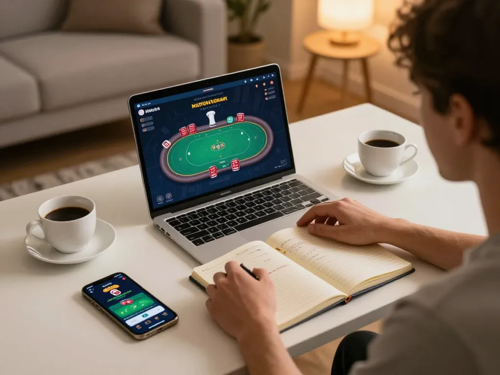 MAY88 player strategizing poker online with notes and smartphone in a cozy home setup