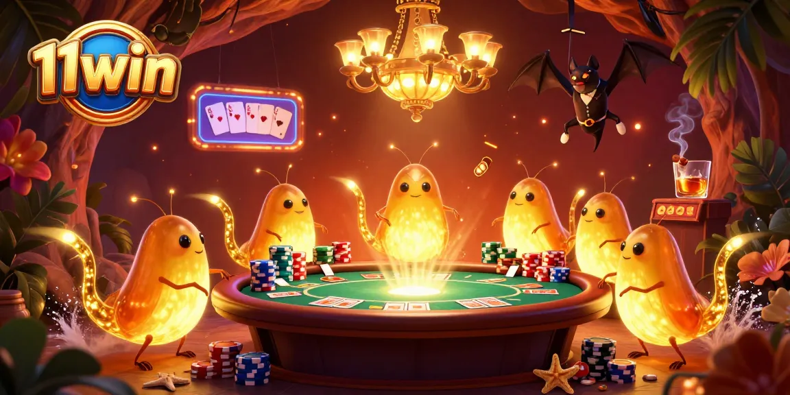 "11win players engaging in an action-packed poker game scene filled with vibrant characters and casino elements."