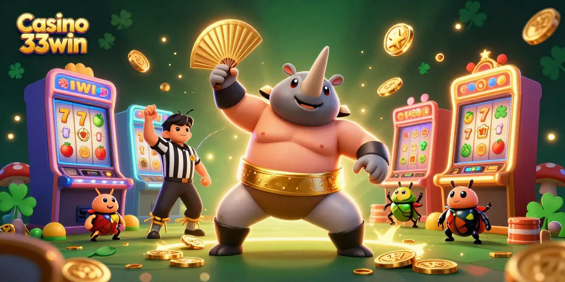 Casino 33win celebrates winning gameplay with a dynamic 3D beetle champion and vibrant slot machines.