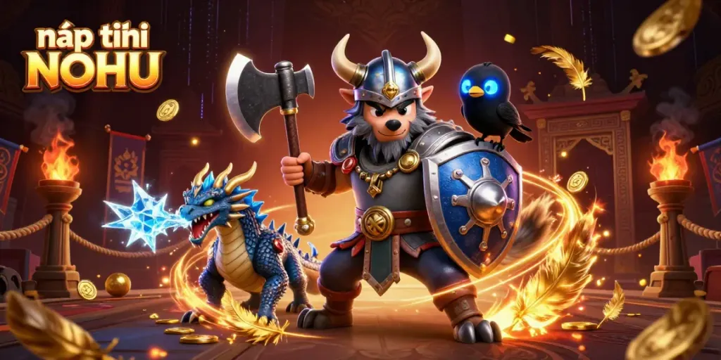 Engage in nạp tiền NOHU with a vibrant 3D illustration showcasing Viking and dragon characters, surrounded by casino-themed elements.