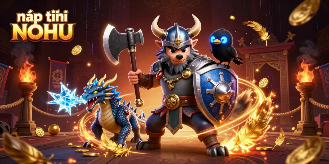 Engage in nạp tiền NOHU with a vibrant 3D illustration showcasing Viking and dragon characters, surrounded by casino-themed elements.