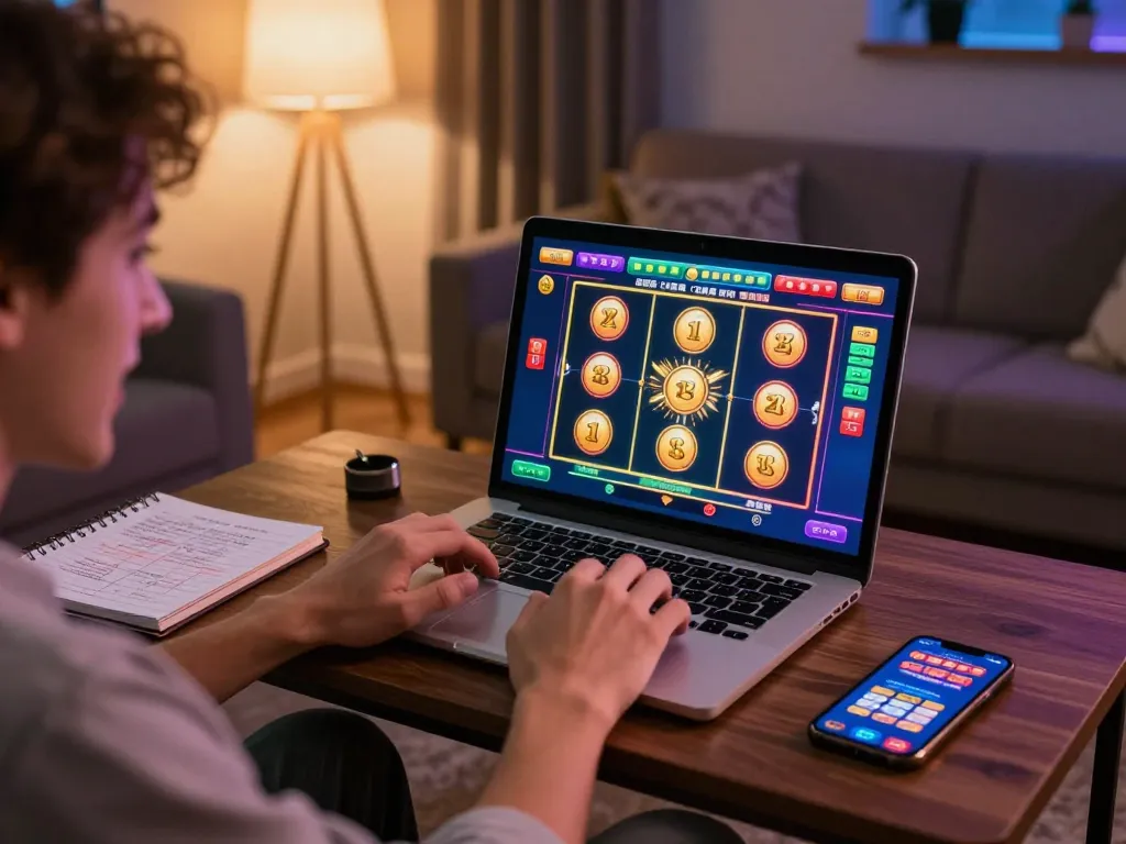 Exciting online gaming experience with okfun slot machine gameplay on a cozy living room laptop