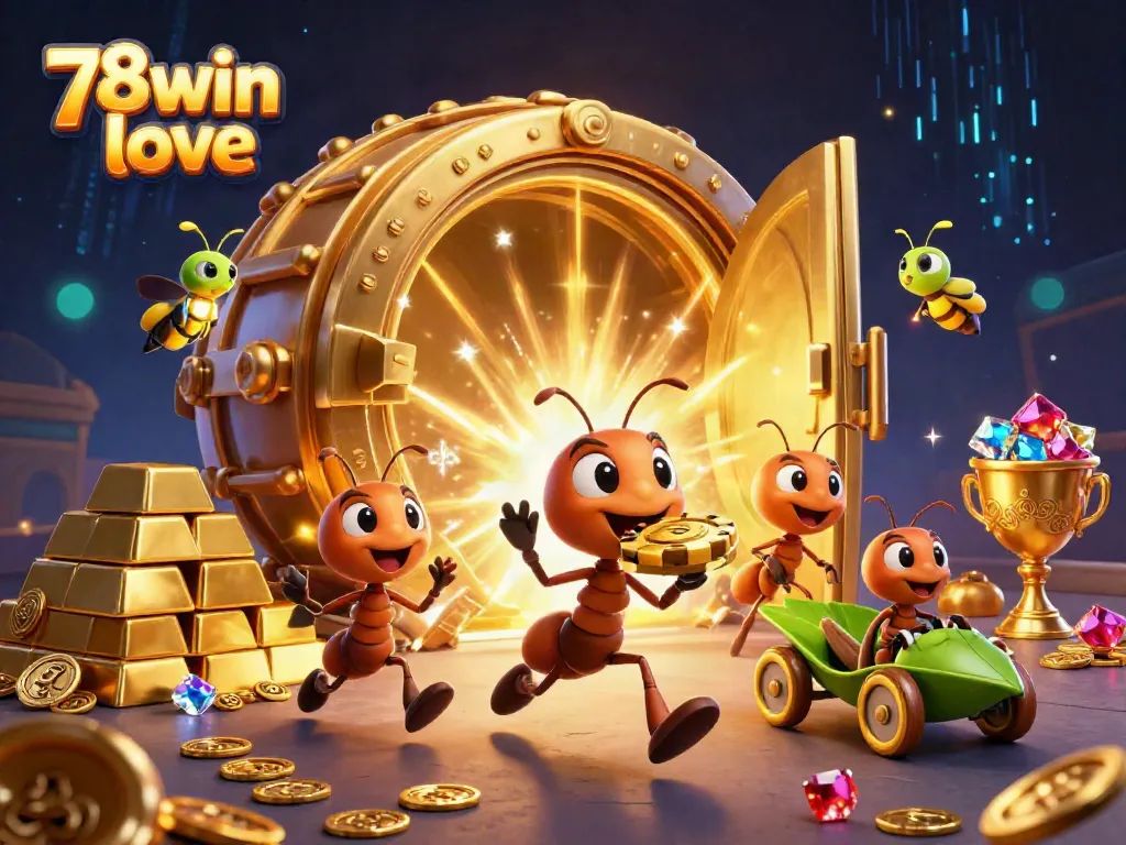 Engage with thrilling heists in 78win love with cartoon ants transporting a giant golden poker chip.