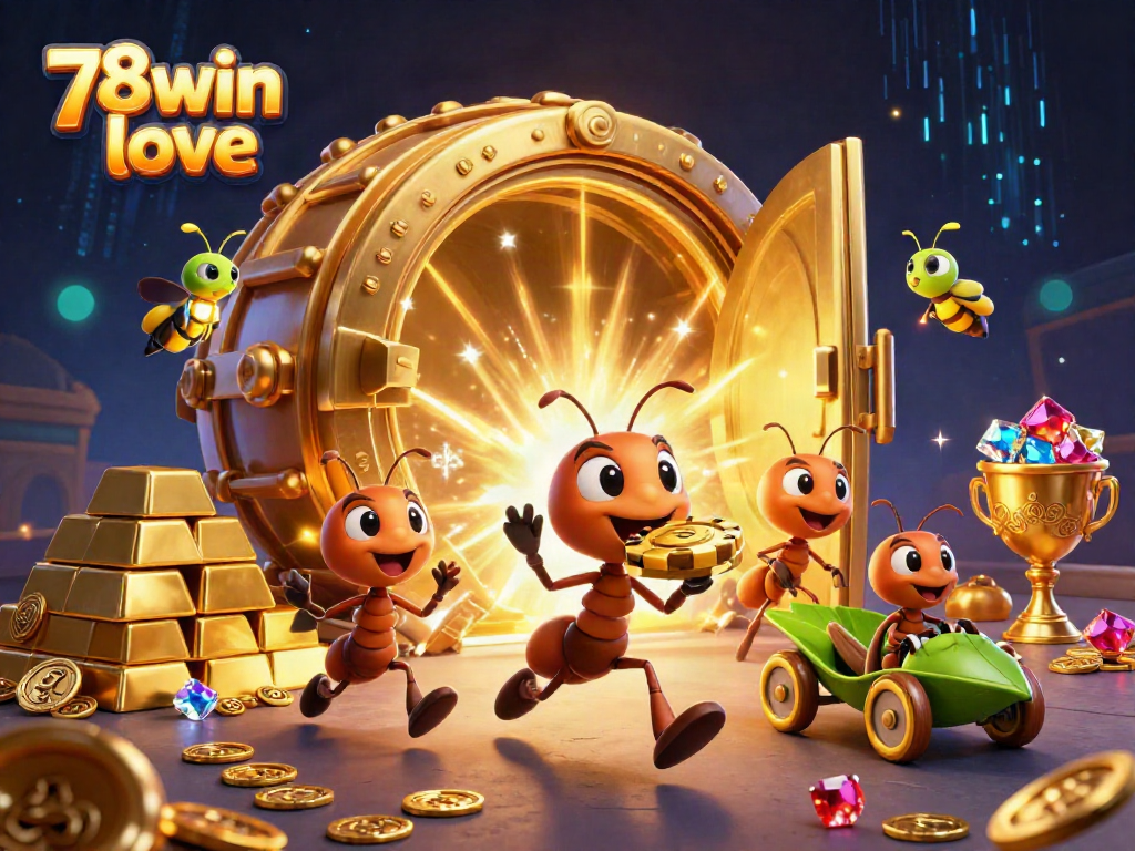 Engage with thrilling heists in 78win love with cartoon ants transporting a giant golden poker chip.