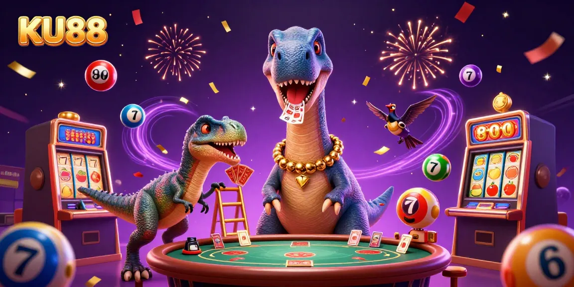 Engaging KU88 online casino scene with a dinosaur and raptor dealing cards amidst colorful jackpot elements.