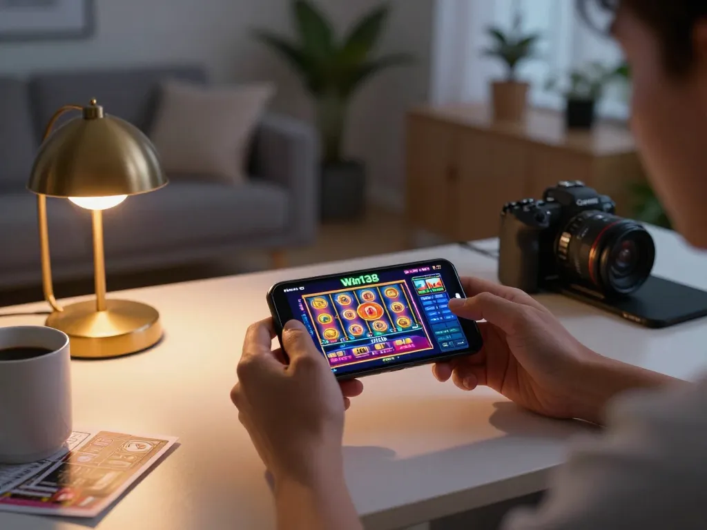 Engage with Win138 online slots on your smartphone in a cozy home setting.
