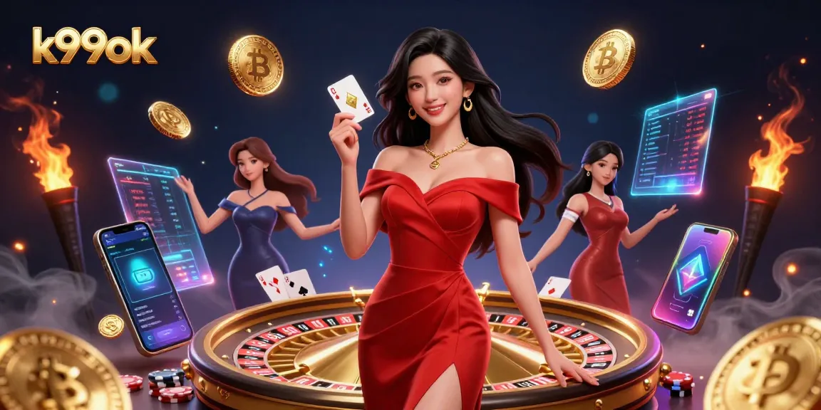 Experience the excitement at k99ok's vibrant casino scene with a stunning dealer and rich game elements.