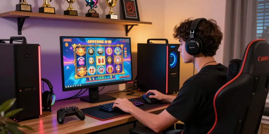 Pemain muda menikmati permainan apk slot di meja gaming modern dengan aksesori menarik.