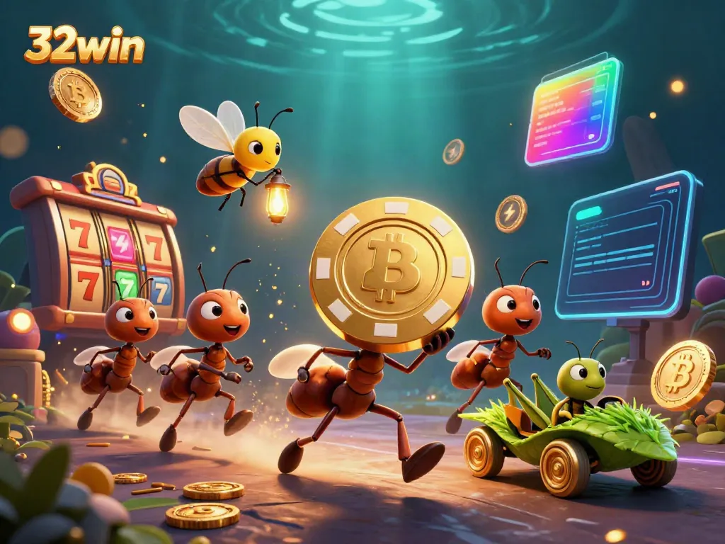 Experience the thrill of 32win with ants on a heist carrying a giant golden poker chip in a vibrant casino scene.