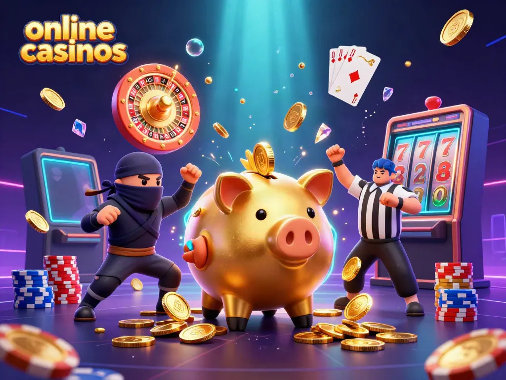 Experience the excitement of online casinos with vibrant characters, coins, and casino elements.