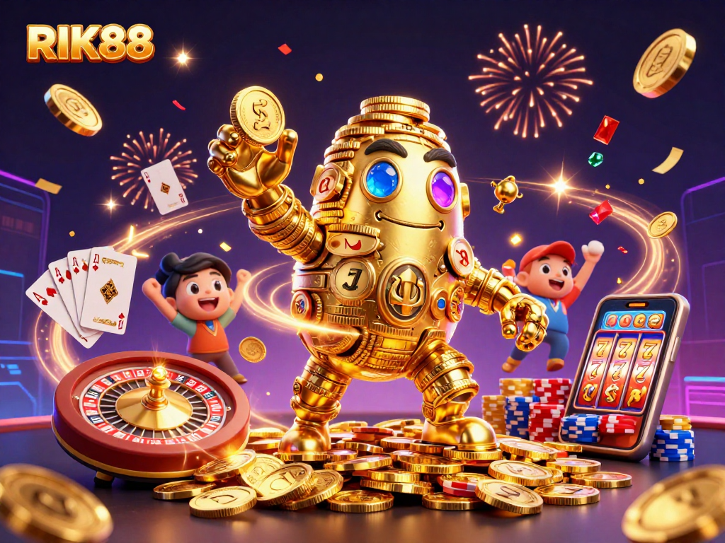 Spin for riches at RIK88 with a golden golem surrounded by casino elements.