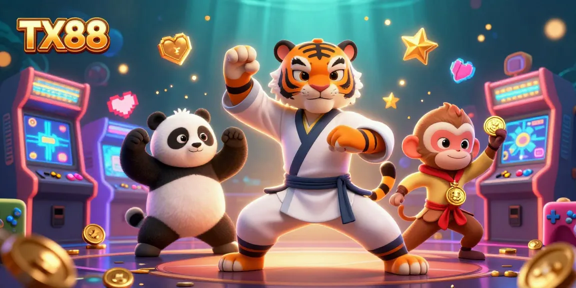 Join the action at TX88 with a kung fu tiger master, panda disciple, and playful monkey stealing a golden medal in vibrant casino scene.