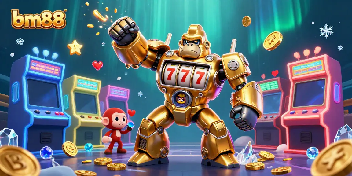 Experience exciting gaming moments at bm88 with a dynamic 3D illustration of a golden gorilla mech.