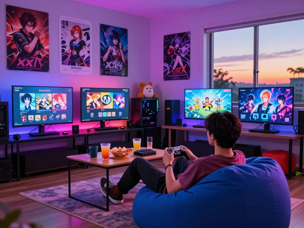 Engaging gaming atmosphere showcasing xxx games on screens in a cozy setting.