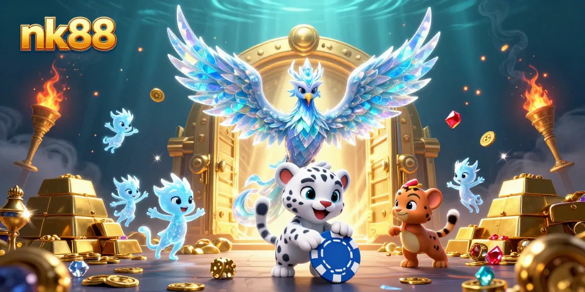 Experience winning moments with NK88's vibrant casino adventure, featuring a phoenix, leopard, and treasures.