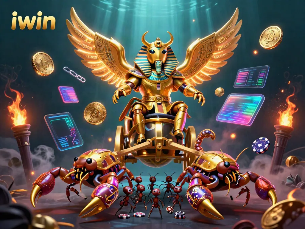 Engage in thrilling iwin gaming adventures with a golden scarab beetle chariot scene.