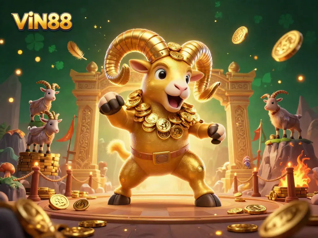 Experience the thrill of gaming at VIN88, featuring a majestic ram charging through a golden gate.