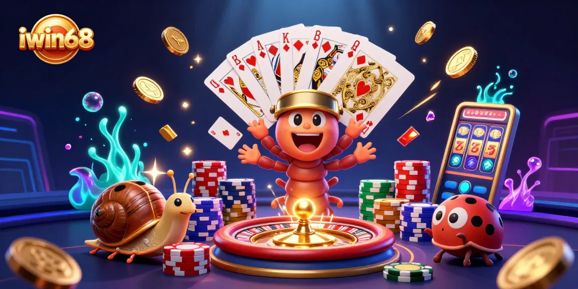 Join the fun at iwin68 with a 3D cartoon millipede dealer showcasing vibrant casino elements.