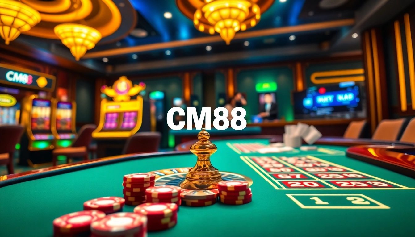 Engaging image of an online casino showcasing CM88 logo among roulette and poker chips.