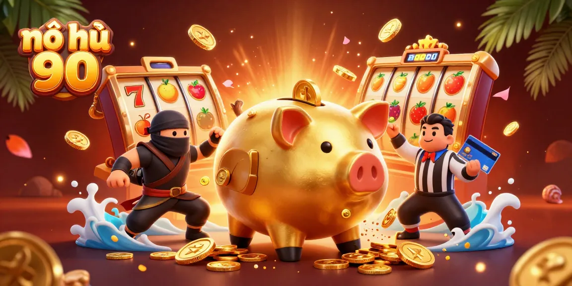 Spin the reels at nổ hũ 90 with our cartoon piggy bank champion amidst golden coins and jackpot excitement.