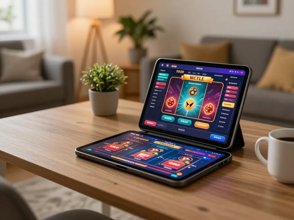Enjoying exciting games on new88blog with tablet in cozy home setting