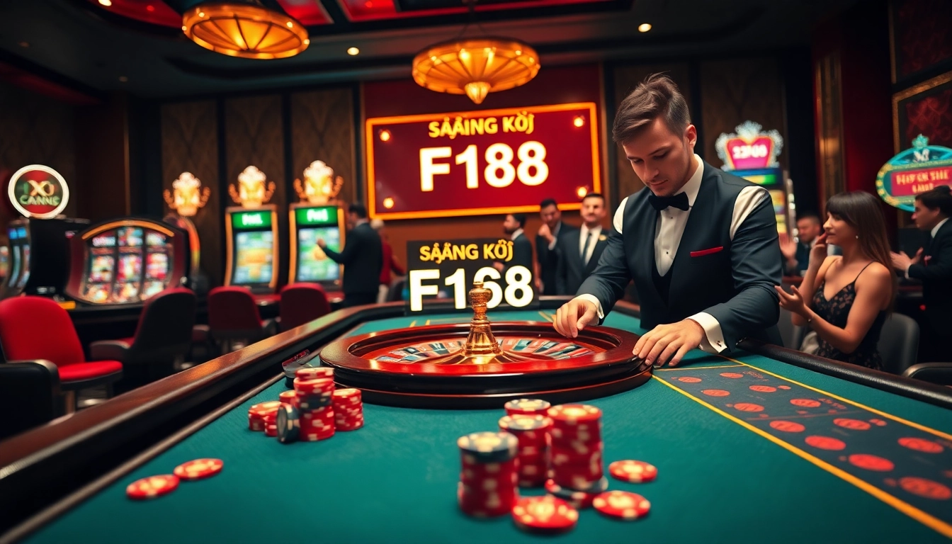 Engage with the excitement of Đăng Ký F168 at a luxurious casino gaming table filled with vibrant chips and attentive players.