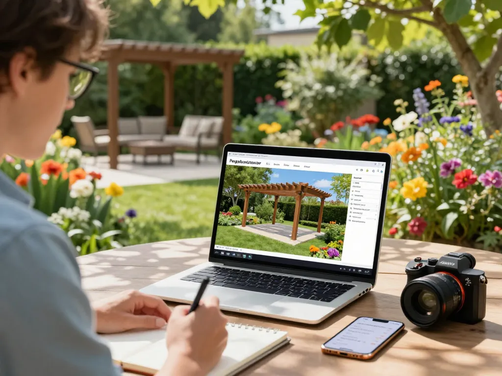 Pergola Configurator Software visualizing a customizable pergola design in a vibrant garden setting with designer actively engaged.