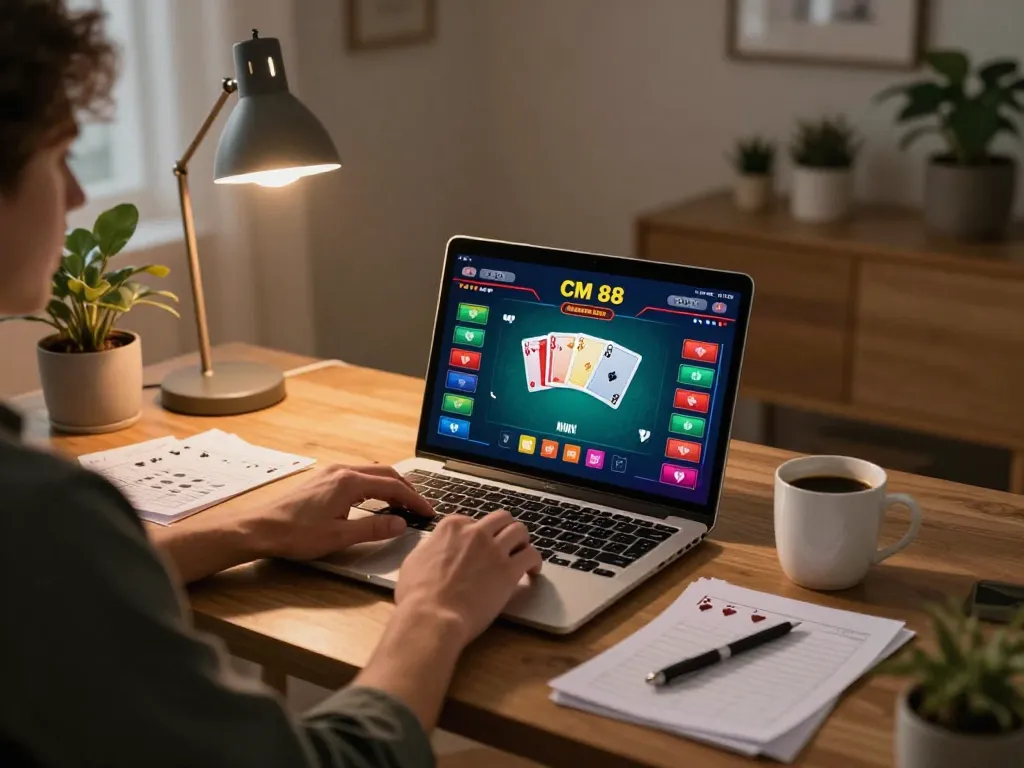 Engaging in online poker gameplay with CM 88 in a cozy home setting, laptop screen visible