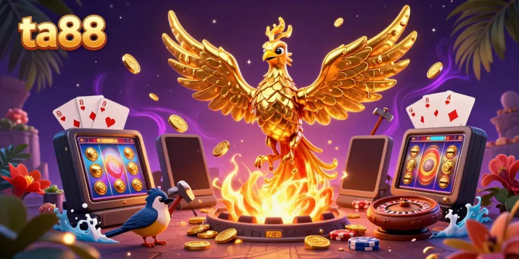 Experience the excitement of ta88 with a golden phoenix and dynamic game elements flying in a vibrant casino scene.