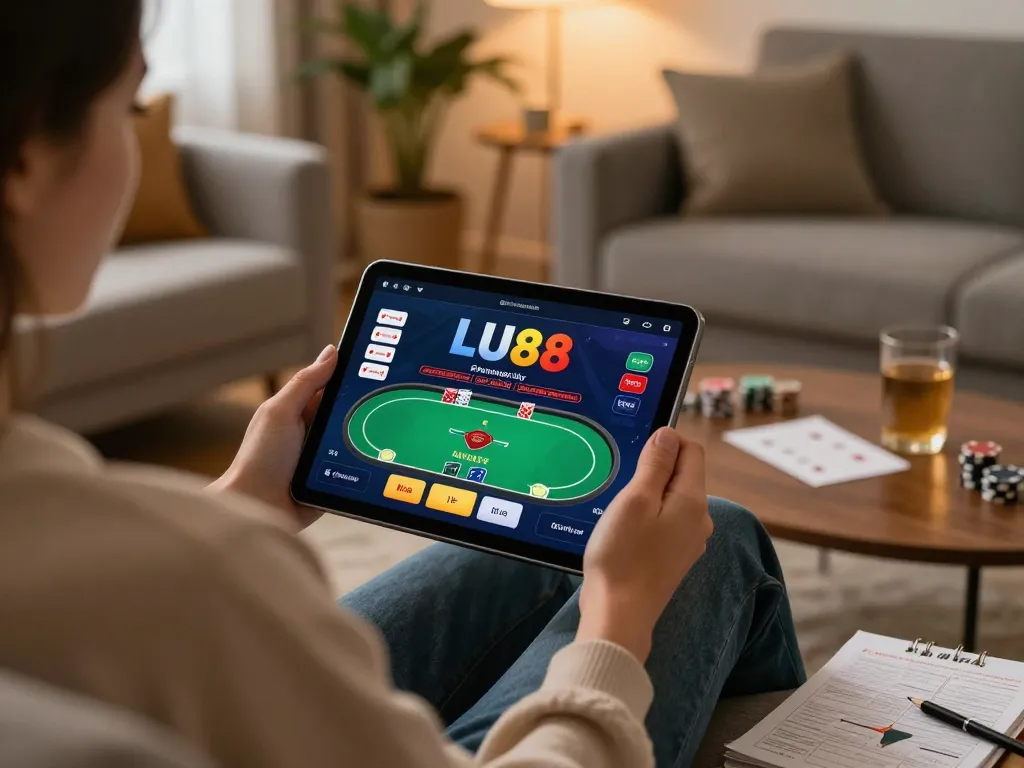 Player engaging with LU88 poker app from home, showcasing a cozy atmosphere and responsible gaming.