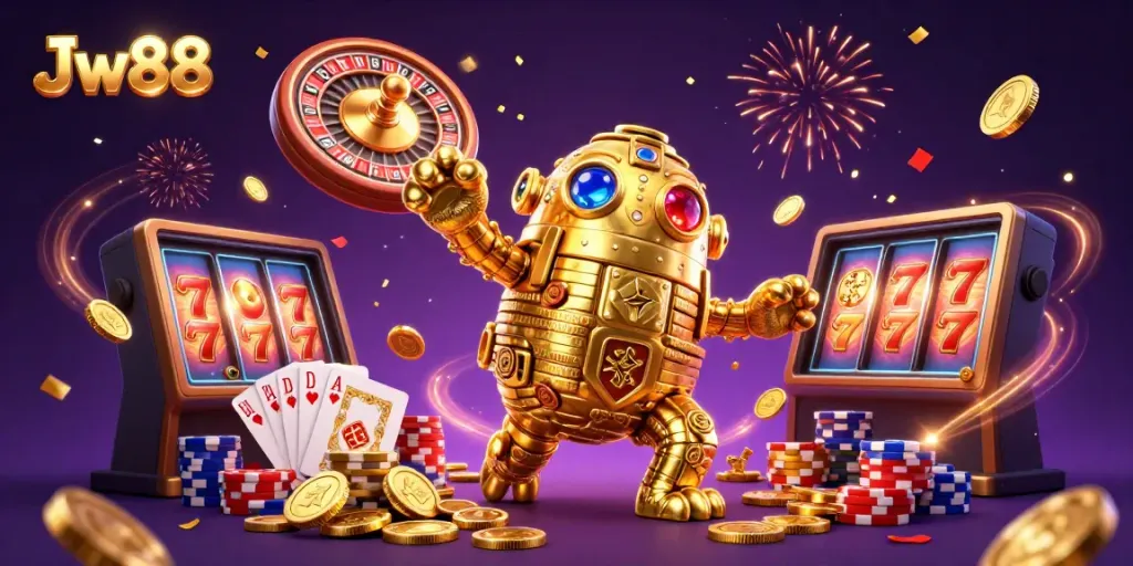 Experience thrilling Jw88 casino action with a golden golem, dazzling coins, and vibrant game elements.