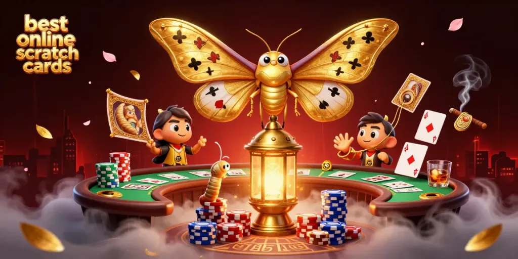 Reveal big wins with the best online scratch cards in a vibrant casino scene featuring dynamic characters.