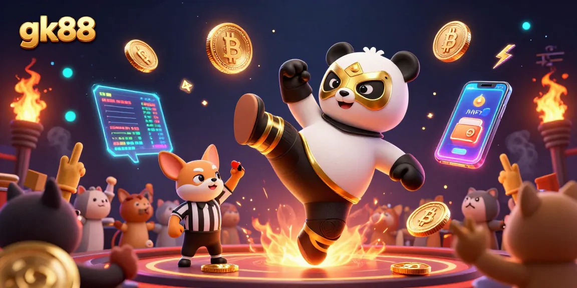 Witness the excitement at gk88 Casino with animated characters and crypto elements radiating energy.