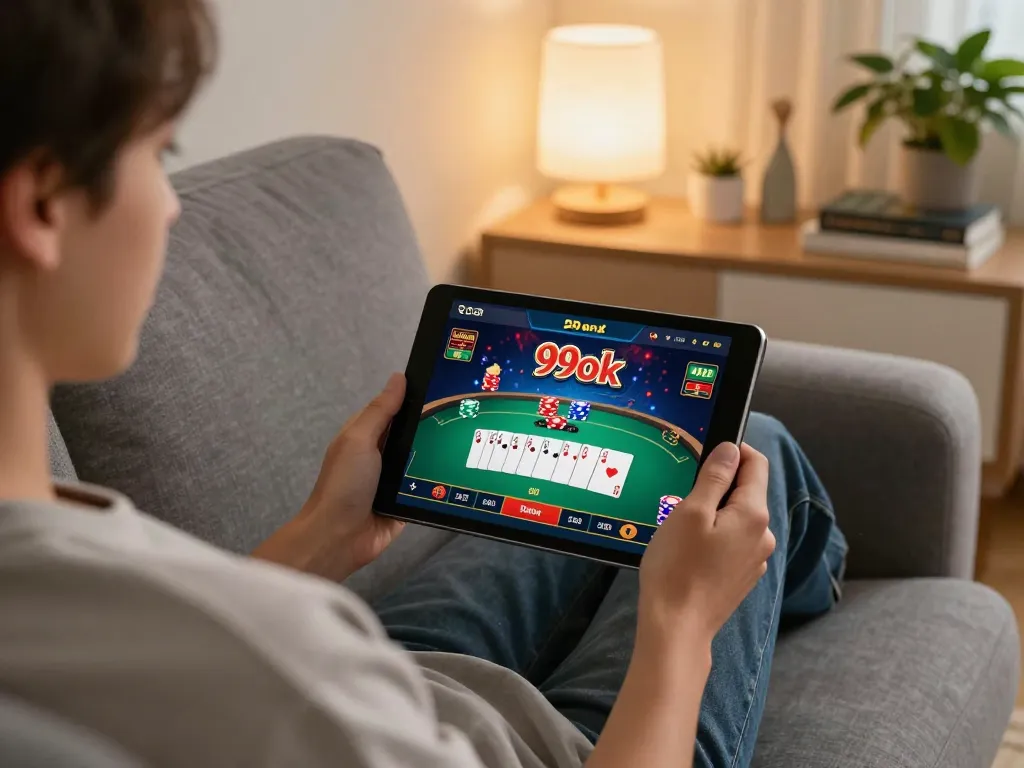 Engaging online gaming experience with 99ok poker on tablet, showcasing strategy at home.