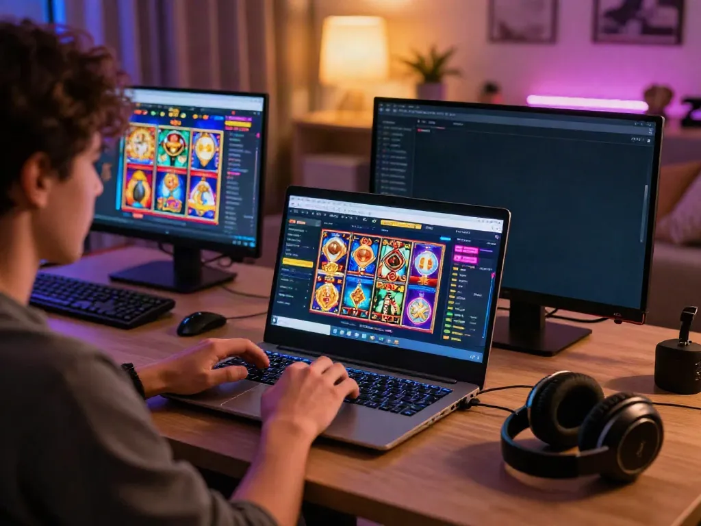 man88 engaging online gaming setup featuring laptop and colorful game icons