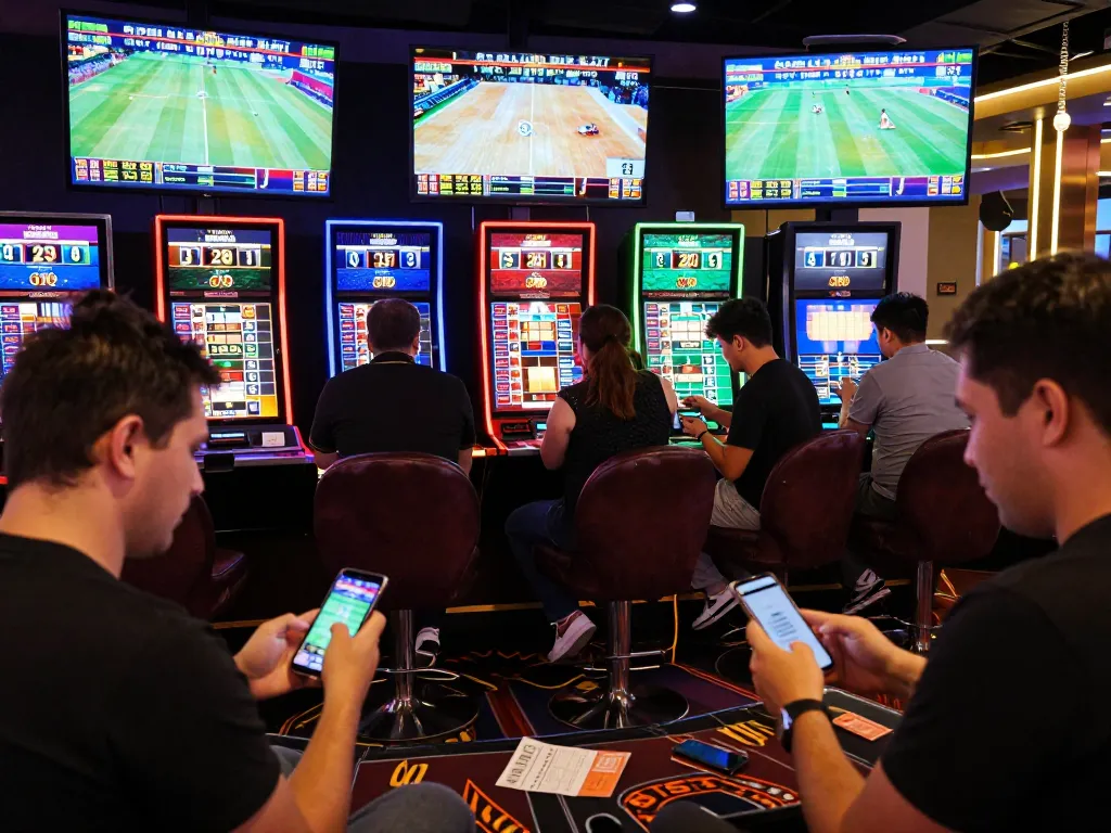 Kèo nhà cái hôm nay highlights active bettors engaging with live sports odds on screens at a casino.