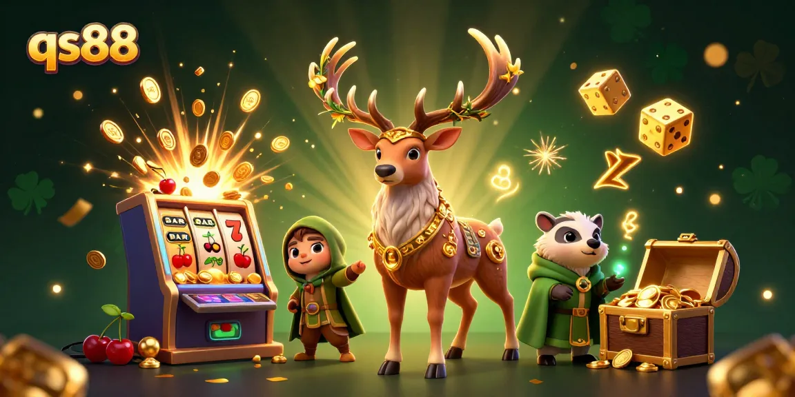 Experience the excitement of qs88 with a vibrant 3D casino illustration showcasing thrilling slot machines and enchanting characters.