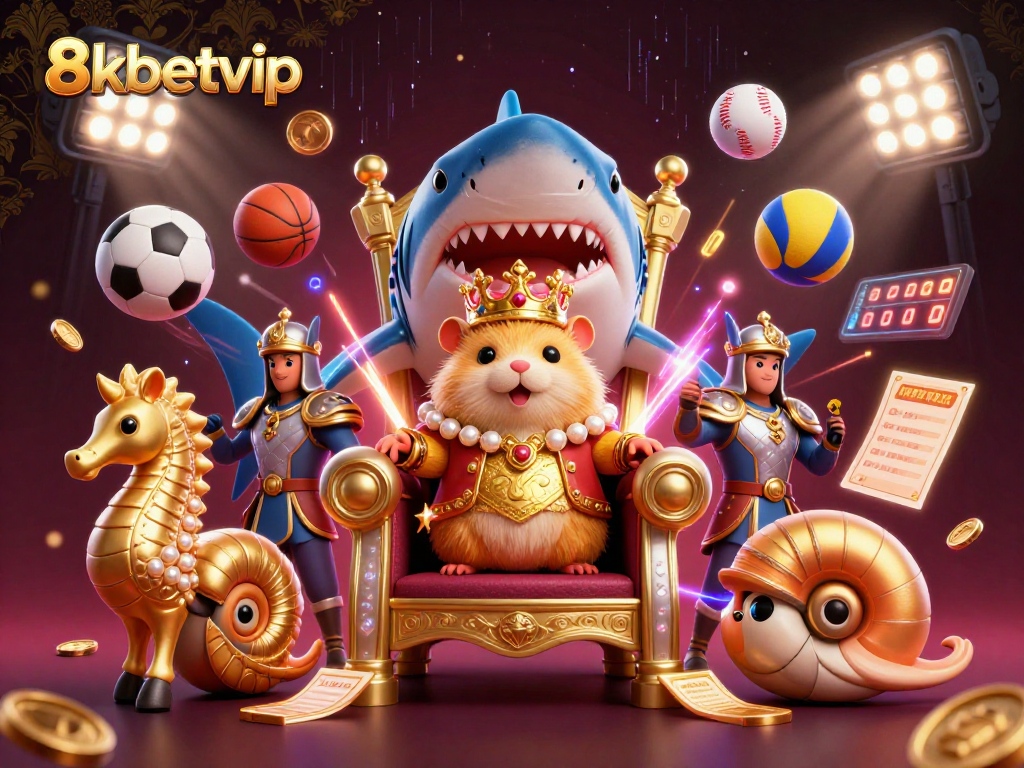 Engage with 8kbetvip's vibrant world, featuring a golden hamster king on a megalodon throne surrounded by dynamic sports action.