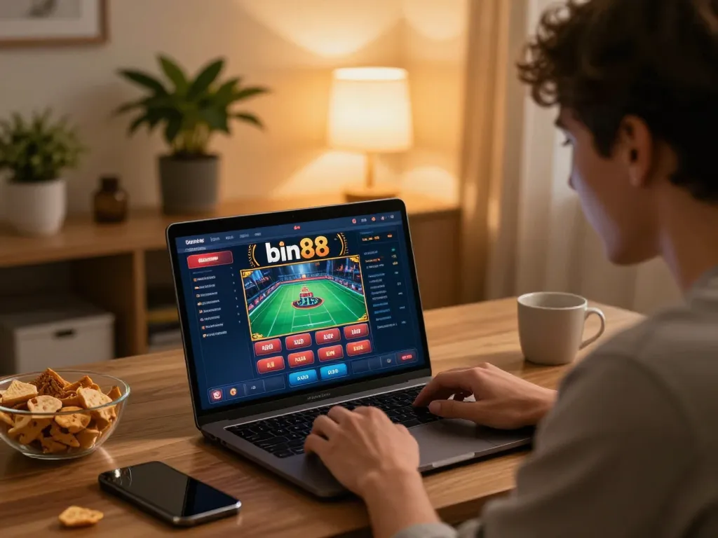 Experience thrilling online gaming with bin88 on a laptop, cozy setup shows a player engaged in strategic play.