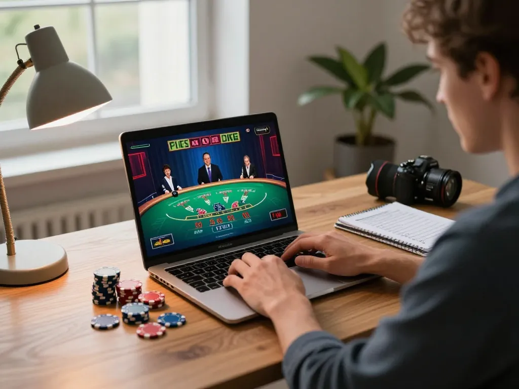 Player enjoying online blackjack at a stylish home desk while engaging with s666hn, showcasing responsible gaming features.