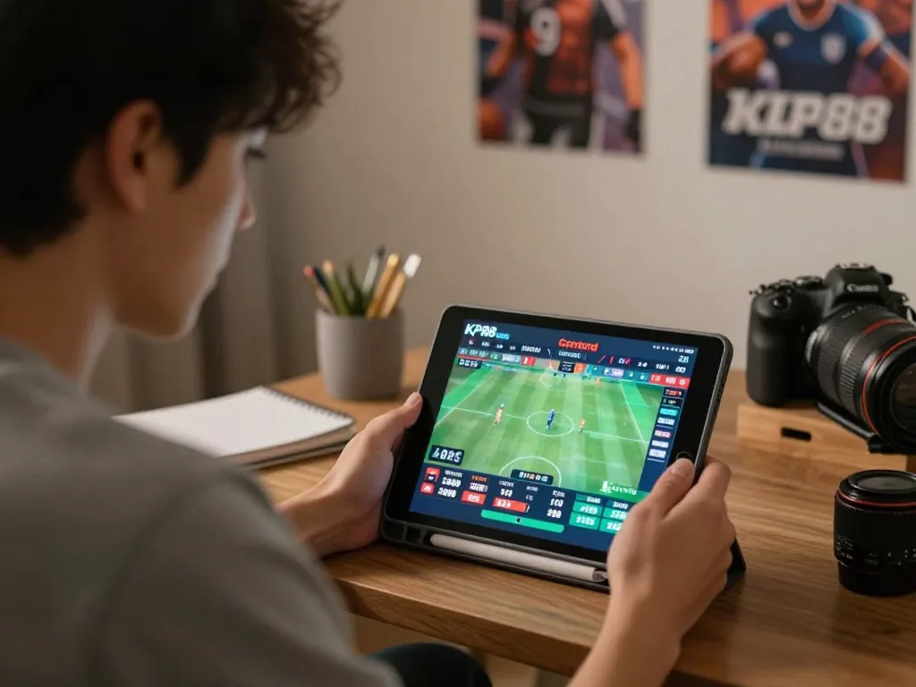 Engaged user placing live sports bets on KP88, showing real-time odds and game stats on tablet in a cozy environment