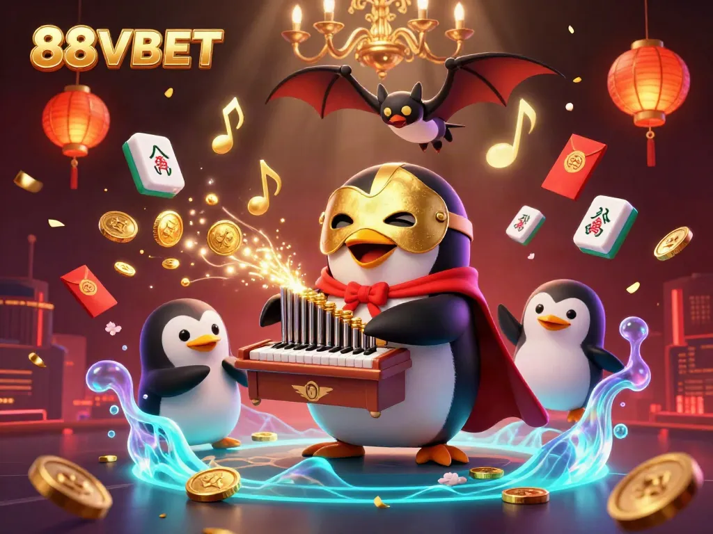 Engage in thrilling gaming with a 3D penguin character at 88VBET, surrounded by festive casino elements.