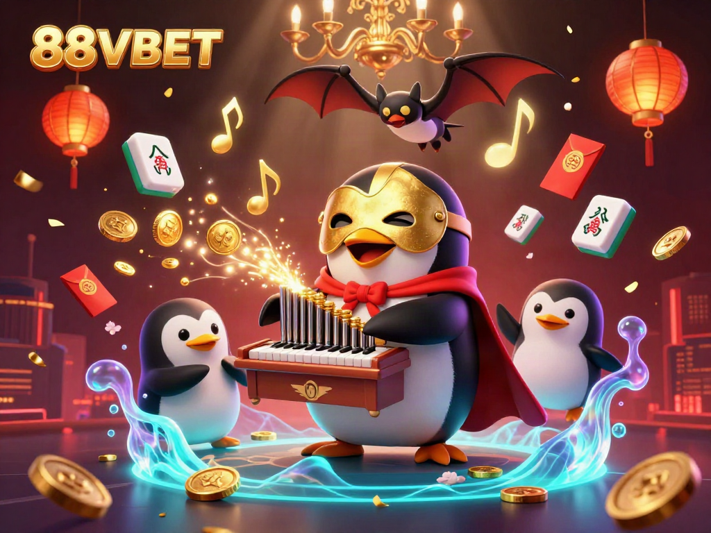 Engage in thrilling gaming with a 3D penguin character at 88VBET, surrounded by festive casino elements.