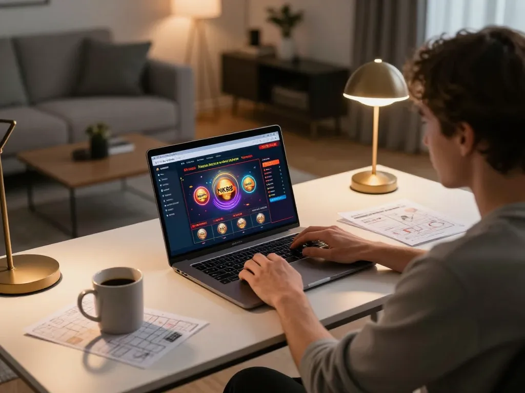 Engaging in online gaming at NK88 with a sleek setup, showcasing strategy notes and warm decor.