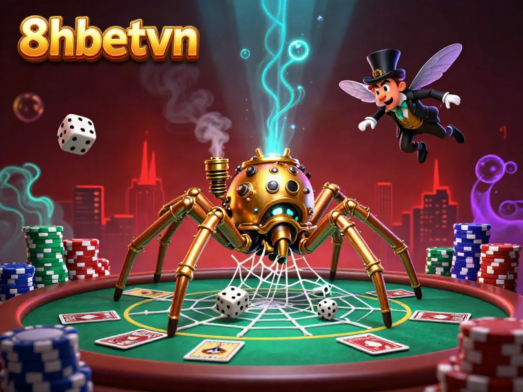Engaging scene of 8xbetvn showcasing a steampunk spider and a trapped gentleman amid a vibrant casino atmosphere.