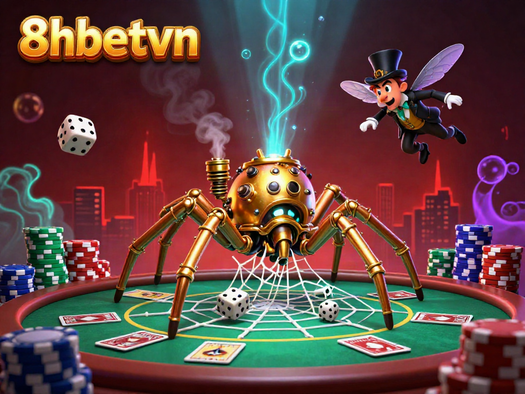 Engaging scene of 8xbetvn showcasing a steampunk spider and a trapped gentleman amid a vibrant casino atmosphere.