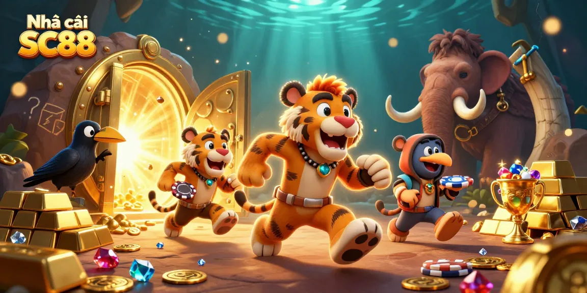 Engage with Nhà cái SC88 in an immersive prehistoric casino experience, featuring dynamic 3D characters and vibrant gambling elements.