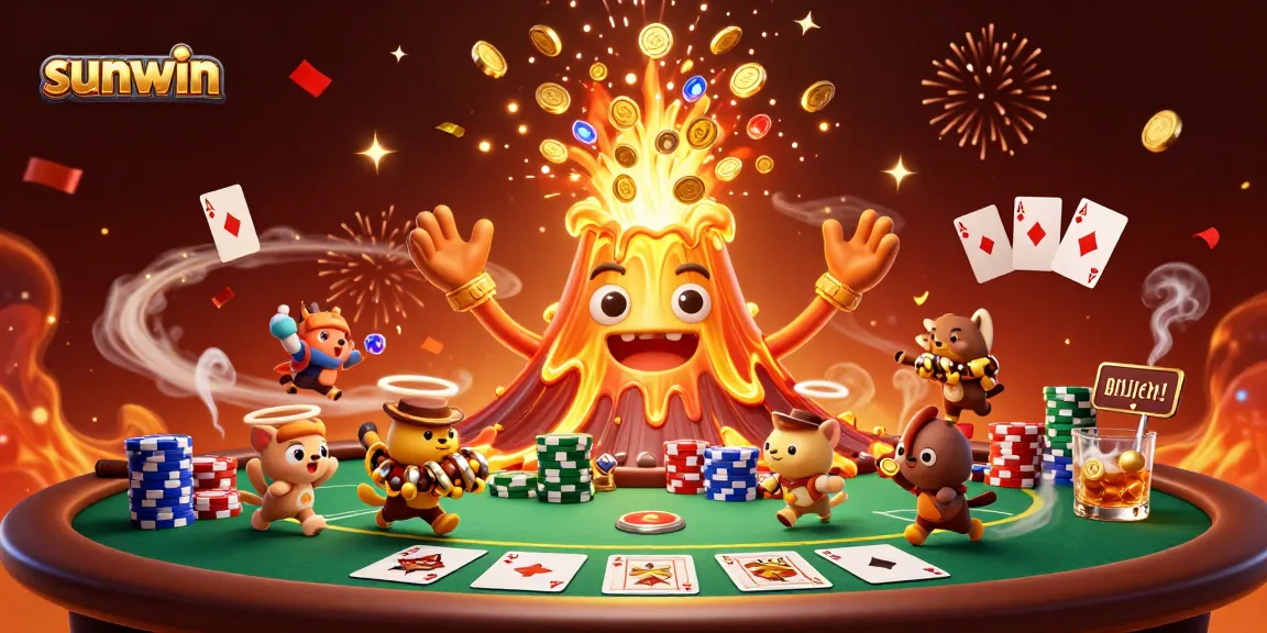 Engage in thrilling gameplay at Sunwin as golden treasures and chips scatter amidst a lively casino backdrop.