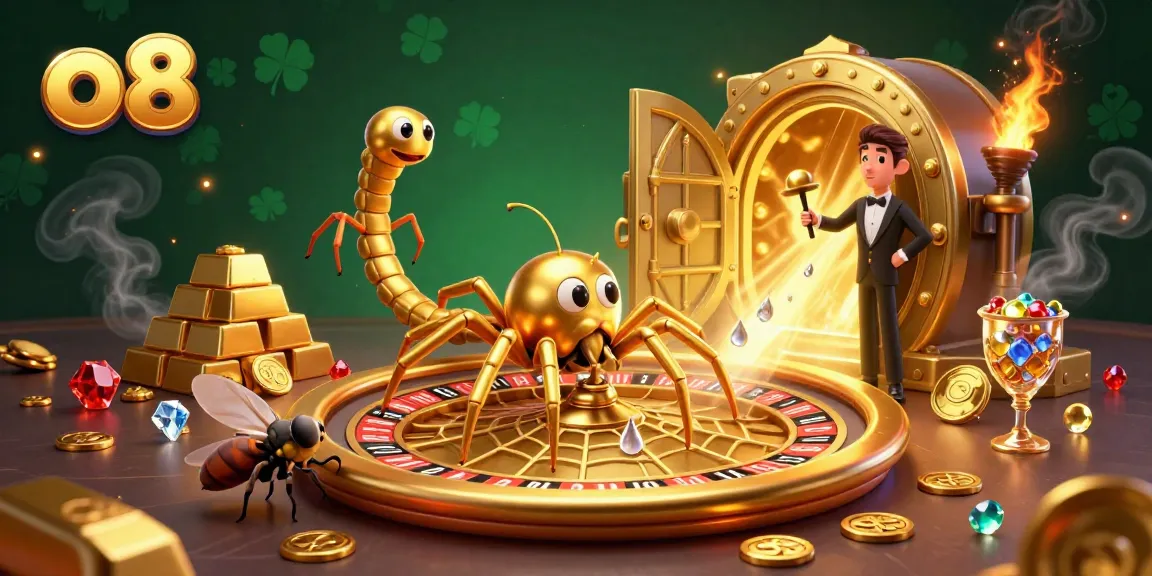 Experience the excitement of o8 as a fly nervously places bets among a golden spider and spider croupier in this dynamic casino scene.